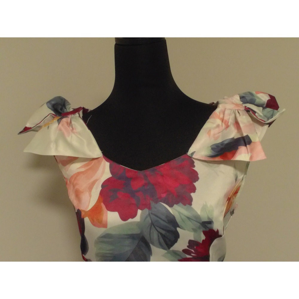 Floral Satin Bow Shoulder Fit and Flare Dress V-Neck Pleated Skirt Cream Multi
